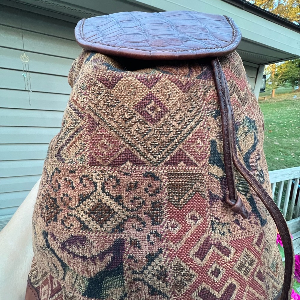 Henri Bendel Vintage Drawstring Croc-embossed Tapestry Backpack - Picture 4 of 16